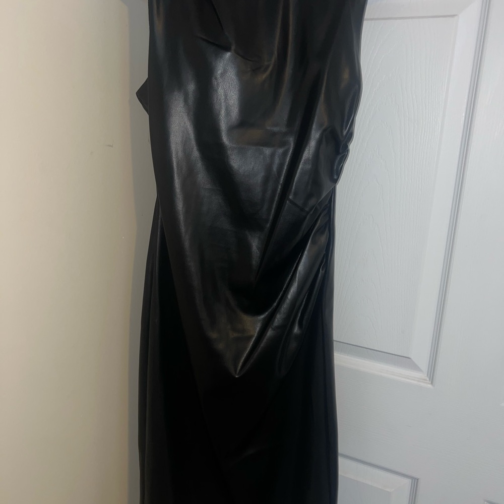 iris Black Faux Leather Midi Dress with Draped Front